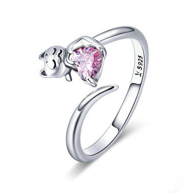 PINK ZIRCON SILVER RING - CUTE CAT